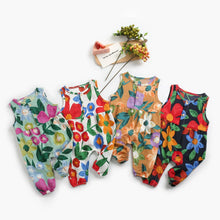 Load image into Gallery viewer, BRS2032LS-Summer floral pure cotton sleeveless ink flower suspender jumpsuit