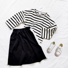 Load image into Gallery viewer, 20062TG-Autumn Korean version of children's bat sleeve striped long-sleeved top + skirt long skirt two-piece set