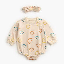 Load image into Gallery viewer, BRW2069LS-Spring and Autumn Colorful Smiley Face Climbing Suit + Hairband Two-piece Set