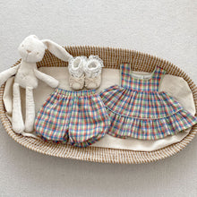 Load image into Gallery viewer, H10027TG-Summer Korean plaid suspender top for baby girls + flower bud shorts two-piece set