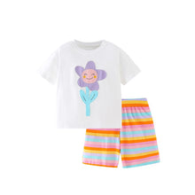 Load image into Gallery viewer, 9505TG-Summer European and American children's casual sunflower round neck short-sleeved top + striped pants set