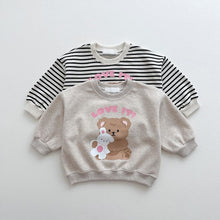 Load image into Gallery viewer, Y7404SE- Bear print striped mid-length round neck T-shirt