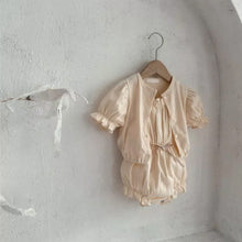 Load image into Gallery viewer, Y7421TG-Summer thin breathable cotton love jacquard sling jumpsuit + flower bud sleeve cardigan two-piece set