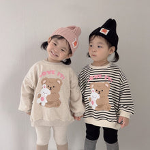 Load image into Gallery viewer, Y7404SE- Bear print striped mid-length round neck T-shirt