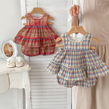 Load image into Gallery viewer, H10027TG-Summer Korean plaid suspender top for baby girls + flower bud shorts two-piece set