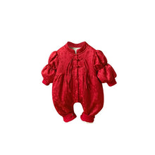 Load image into Gallery viewer, 2304239LS-Autumn and winter plus velvet jacquard buttoned puff sleeve New Year's greetings romper