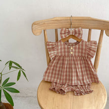 Load image into Gallery viewer, K2700TG-Summer color matching plaid flying sleeve baby shirt top + flower bud shorts + hair band three-piece set