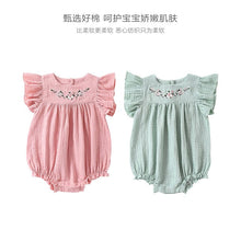 Load image into Gallery viewer, D23110-Summer embroidery sweet and cute small flying sleeve baby crawling clothes