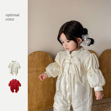 Load image into Gallery viewer, 2304239LS-Autumn and winter plus velvet jacquard buttoned puff sleeve New Year's greetings romper