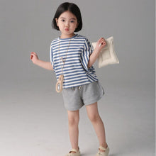 將圖片載入圖庫檢視器 BB2304PCW-春夏日系男女童條紋蝙蝠衫短袖親子T卹