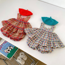 Load image into Gallery viewer, H10027TG-Summer Korean plaid suspender top for baby girls + flower bud shorts two-piece set