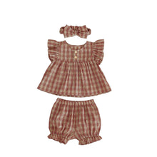 Load image into Gallery viewer, K2700TG-Summer color matching plaid flying sleeve baby shirt top + flower bud shorts + hair band three-piece set