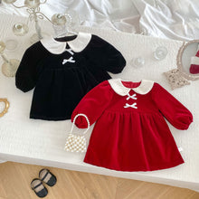 Load image into Gallery viewer, H10351DS- Winter Plus Velvet Girls Solid Color New Year Bowknot Dress