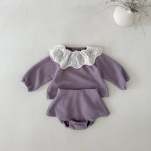 Load image into Gallery viewer, Y8385TG-Lace collar small ribbed long-sleeved top dress shorts set