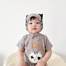 Load image into Gallery viewer, 53109LS-Cat eating fish print short-sleeved baby sweater + hat