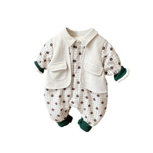 將圖片載入圖庫檢視器 2304617LS-北歐風加絨加厚格紋卡通印花假兩件爬服