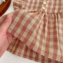 Load image into Gallery viewer, K2700TG-Summer color matching plaid flying sleeve baby shirt top + flower bud shorts + hair band three-piece set
