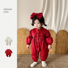 Load image into Gallery viewer, 2304239LS-Autumn and winter plus velvet jacquard buttoned puff sleeve New Year's greetings romper