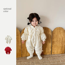 Load image into Gallery viewer, 2304239LS-Autumn and winter plus velvet jacquard buttoned puff sleeve New Year's greetings romper