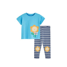 Load image into Gallery viewer, 9526TG-Summer European and American children's casual round neck short-sleeved sunflower top + elastic waist striped pants two-piece set