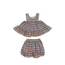 Load image into Gallery viewer, H10027TG-Summer Korean plaid suspender top for baby girls + flower bud shorts two-piece set