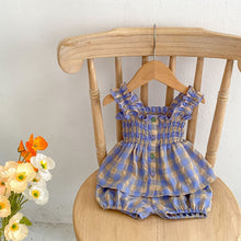Load image into Gallery viewer, S23126TG-Girls Summer Sleeveless Plaid Babydoll Shirt + Flower Bud Shorts Two-piece Set