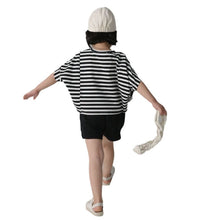 將圖片載入圖庫檢視器 BB2304PCW-春夏日系男女童條紋蝙蝠衫短袖親子T卹