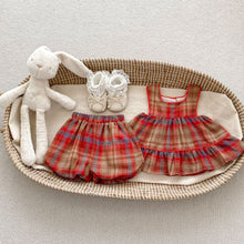 Load image into Gallery viewer, H10027TG-Summer Korean plaid suspender top for baby girls + flower bud shorts two-piece set