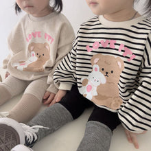 Load image into Gallery viewer, Y7404SE- Bear print striped mid-length round neck T-shirt