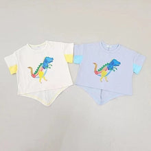 將圖片載入圖庫檢視器 24115SE-夏季韓版寬鬆恐龍短袖純棉拼色上衣【許願款】