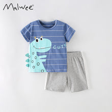 Load image into Gallery viewer, <Taiwan Pavilion> 8343TG-malwee Summer European and American children's striped round neck dinosaur short-sleeved suit