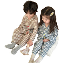 Load image into Gallery viewer, QJ240099JG-Autumn pure cotton plaid long-sleeved top + trousers home set