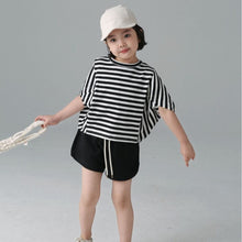 將圖片載入圖庫檢視器 BB2304PCW-春夏日系男女童條紋蝙蝠衫短袖親子T卹