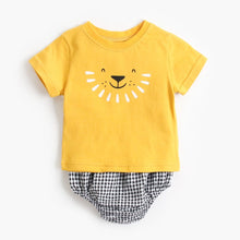 Load image into Gallery viewer, MSBCS1040TG-Summer Korean cartoon animal top + plaid pants pure cotton two-piece set