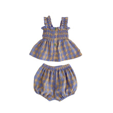 Load image into Gallery viewer, S23126TG-Girls Summer Sleeveless Plaid Babydoll Shirt + Flower Bud Shorts Two-piece Set