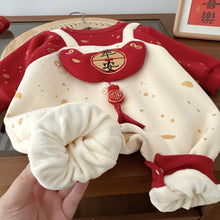 Load image into Gallery viewer, AL751LS-Winter baby embroidery fake two-piece plus velvet New Year's greetings crawling clothes