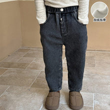 Load image into Gallery viewer, D83576PA-Autumn and winter children's elastic one-piece plus velvet thick denim trousers