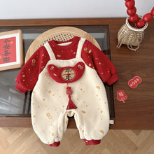 Load image into Gallery viewer, AL751LS-Winter baby embroidery fake two-piece plus velvet New Year's greetings crawling clothes