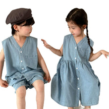 Load image into Gallery viewer, X86052TG-Summer casual vest denim suit & dress brother and sister outfit