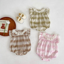 Load image into Gallery viewer, S23098LS-Cotton baby color matching plaid flying sleeves crawling clothes