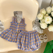 Load image into Gallery viewer, S23126TG-Girls Summer Sleeveless Plaid Babydoll Shirt + Flower Bud Shorts Two-piece Set