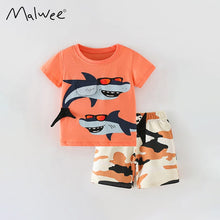 Load image into Gallery viewer, 9258TG-Summer European and American children's casual round neck short-sleeved shark top + elastic waist pants two-piece set