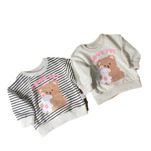Load image into Gallery viewer, Y7404SE- Bear print striped mid-length round neck T-shirt