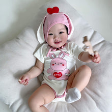 Load image into Gallery viewer, 32308LS-Summer Korean version of the heart bunny print bodysuit + hat two-piece set