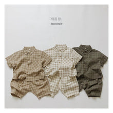 Load image into Gallery viewer, 1133SE-Korean ramie plaid shirt summer Korean children's plaid shirt short sleeves boys and girls casual thin cardigan half sleeves