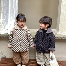 Load image into Gallery viewer, D91302SE-Autumn and winter fur collar checkerboard long sleeve thick coat