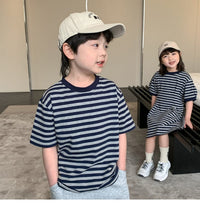 Load image into Gallery viewer, 22B013PCW- Korean parent-child summer striped short-sleeved T-shirt family of three or four pure cotton mother and daughter long skirt family wear trendy
