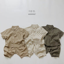 Load image into Gallery viewer, 1133SE-Korean ramie plaid shirt summer Korean children's plaid shirt short sleeves boys and girls casual thin cardigan half sleeves