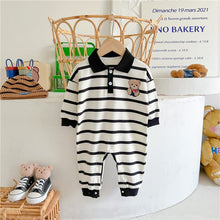 Load image into Gallery viewer, AL679559167635LS-Gentleman's lapel bear print striped romper