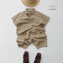 Load image into Gallery viewer, 1133SE-Korean ramie plaid shirt summer Korean children's plaid shirt short sleeves boys and girls casual thin cardigan half sleeves